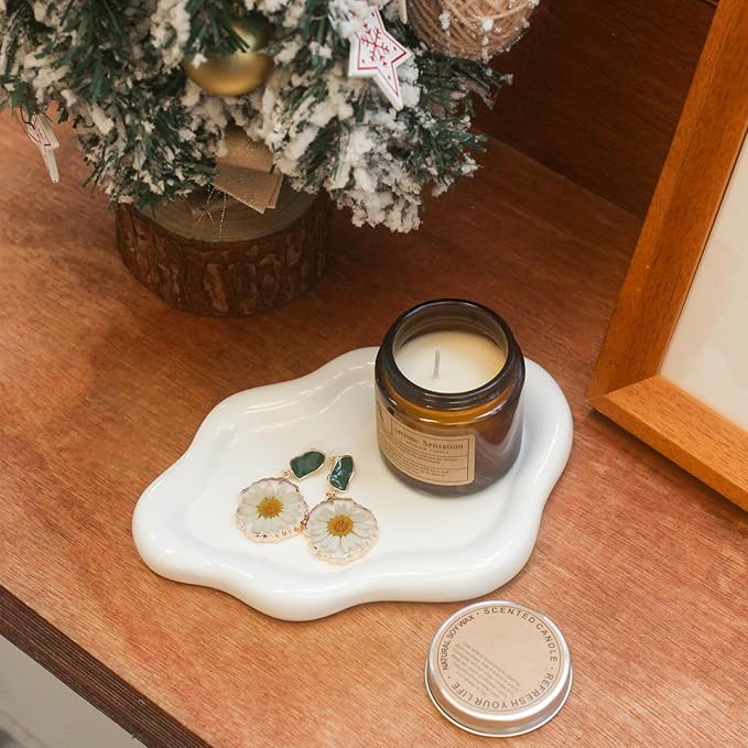 CCINPPY Ceramic Cloud Jewelry Tray Trinket Dish Key Bowl Nightstand Decor | Decorative Small Desk Tray Jewelry Plate Key Holder Bowl Cute Bedroom Room Decor Aesthetic, Gift for Women, White Large