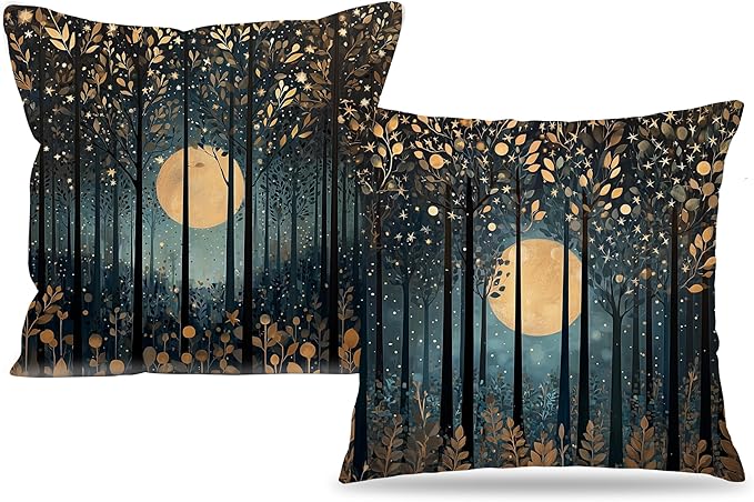 Vintage William Morris Inspired Gold Moon Pillow Covers 18x18 Set of 2,Rustic Black and Gold Moon Forest Botanical Nature Landscape Decorative Throw Pillow Covers for Home Bedroom Living Room