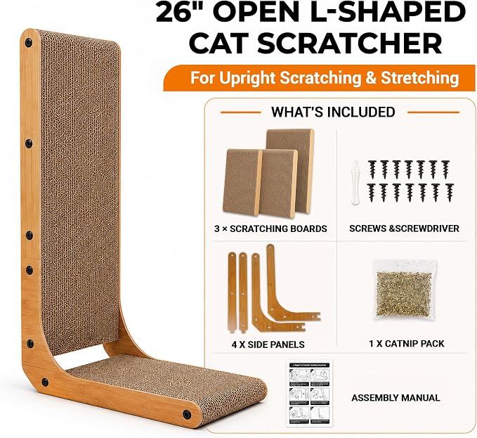 PatiencET L Shape Cat Scratcher, 26 Inch Cardboard Scratch Pad | For Indoor Cats, Large Vertical Scratch Board, Furniture Protector