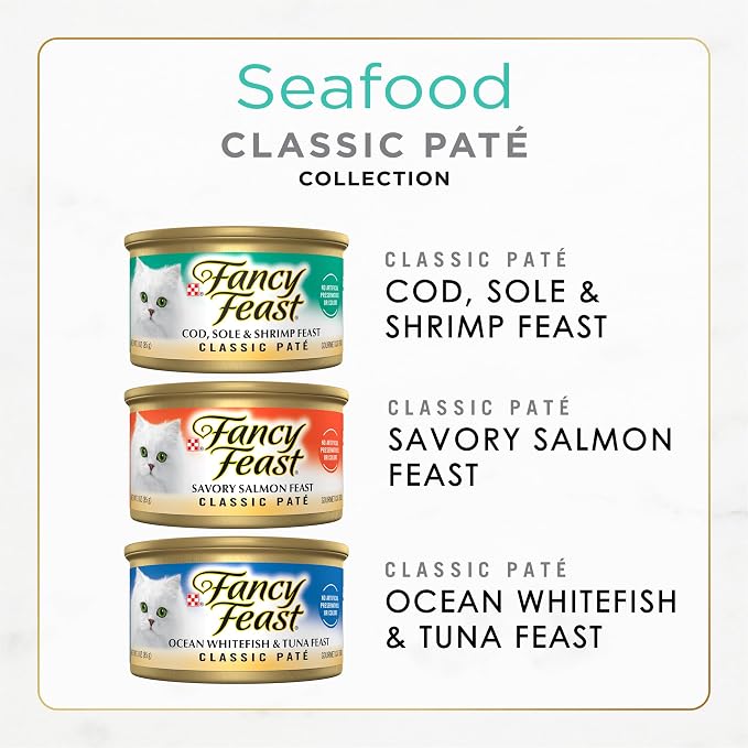 Fancy Feast Purina Seafood Classic Pate Collection Grain Free Wet Cat Food Variety Pack - (Pack of 48) 3 oz. Cans