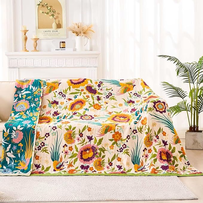 XIBLC Boho Throw Blanket for Bed, 100% Cotton Soft Rustic Quilt Fall Blanket, 60"x80" Floral Printed Farmhouse Decor Bed Blankets, All Season Rustic Reversible Bohemian Throw Quilt