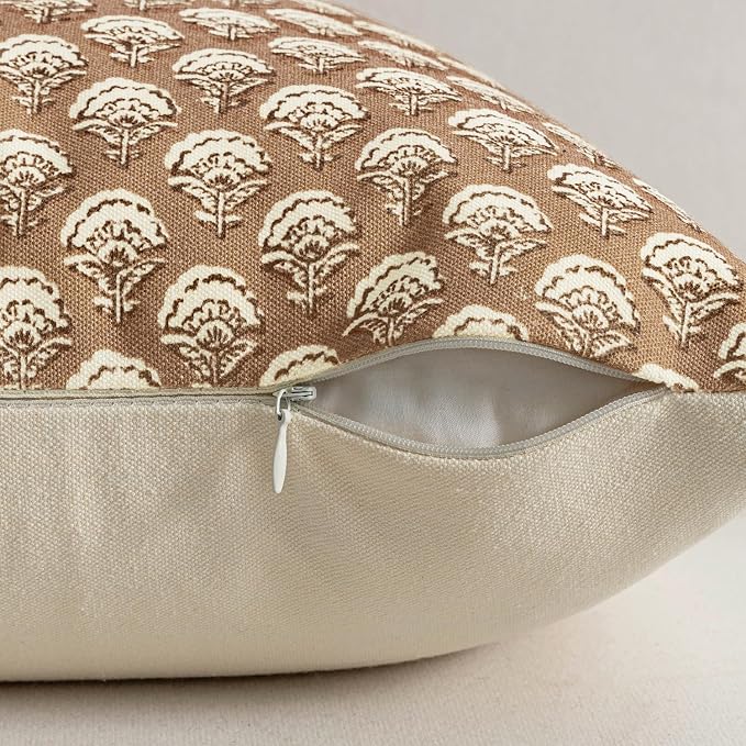 MIULEE Floral Print Decorative Pillow Covers 20x20, Cognac | Vintage Boho Farmhouse Modern Home Decor, Set of 2, Block Print Cushion Covers for Couch Sofa Bed Living Room