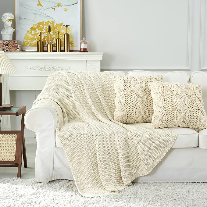 Chunky Cable Knit Throw Blanket Lightweight Cream 100% Organic Cotton Blanket for Sofa Couch Bed Baby Nursery, Rustic Shabby Chic Modern Farmhouse, 51” x 63” Give Laundering Bag