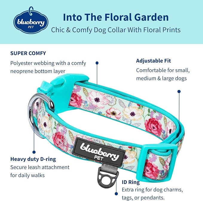 Blueberry Pet Soft & Comfy Peony Flower Print Neoprene Padded Adjustable Dog Collar, Minty Green, Large, Neck 18"-26"