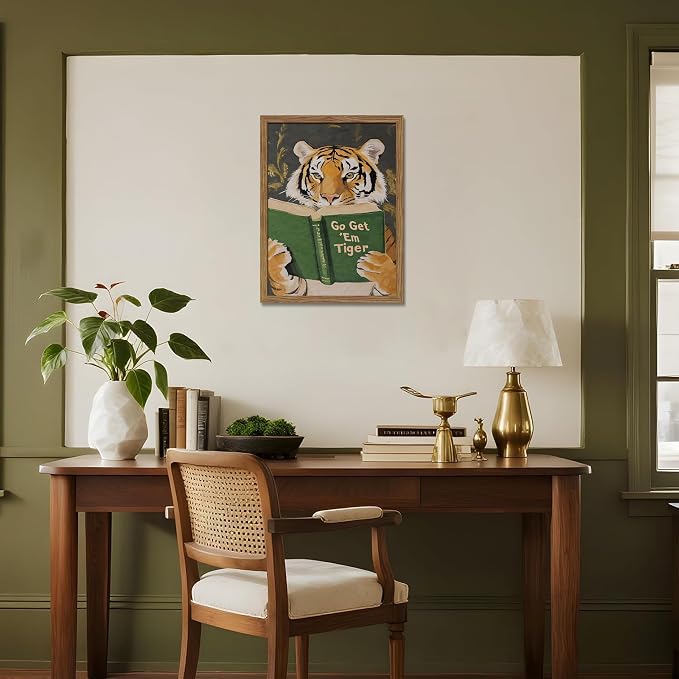 Framed Tiger Canvas Wall Art, Motivational Tigers Reading Poster Print, Humorous Bookworm Pictures Wall Decor, Vintage Go Get Em Tiger Painting for Office Library Bedroom Decor 16x24 inch