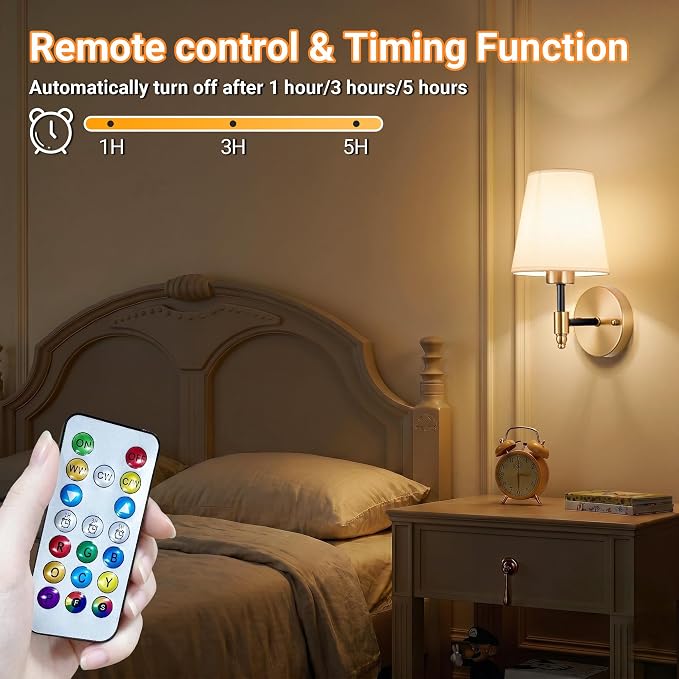 Nekhung Battery Operated Wall Sconce, Peel and Stick Sconces Set of 2 | Wireless Adhesive Stick On Wall Sconce, 10000mAh Rechargeable RGB Bulb with Remote, No Drill Wall Light for Bedroom Decor