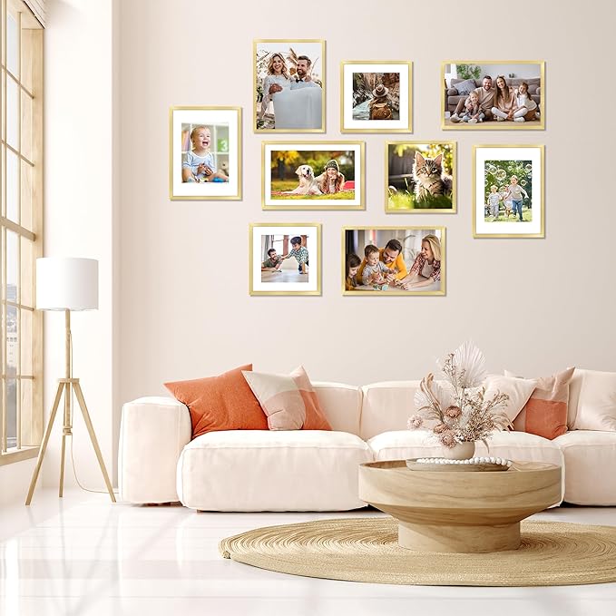 11x17 Picture Frame Gold Set of 2, Photo Frame with HD Plexiglass, Display Pictures 9x15 with Mat or 11x17 Without Mat, Gold Picture Frames Collage Wall Decor, Gallary Wall Frame