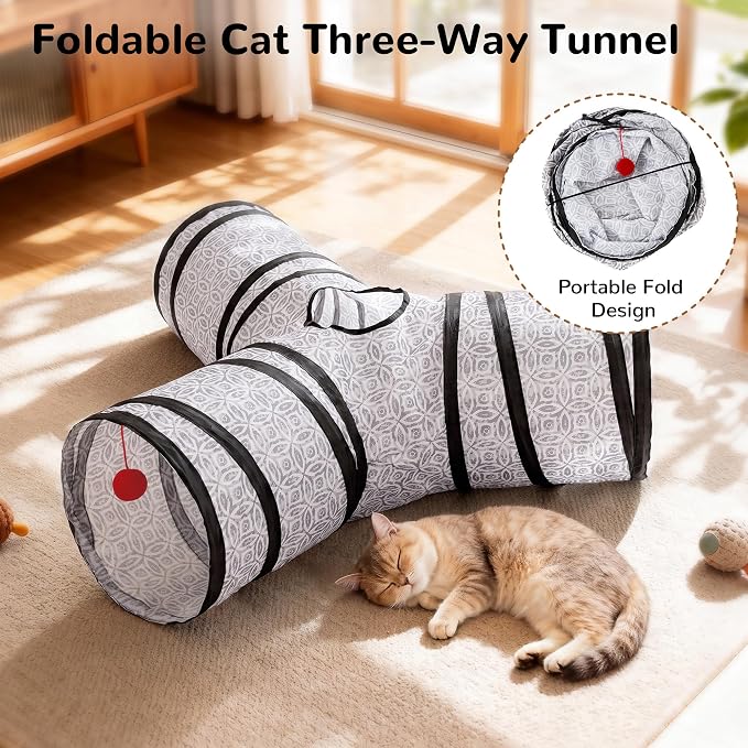 Tempcore Cat Tunnel, 3-Way Collapsible Toy for Indoor Cats, Grey Coin