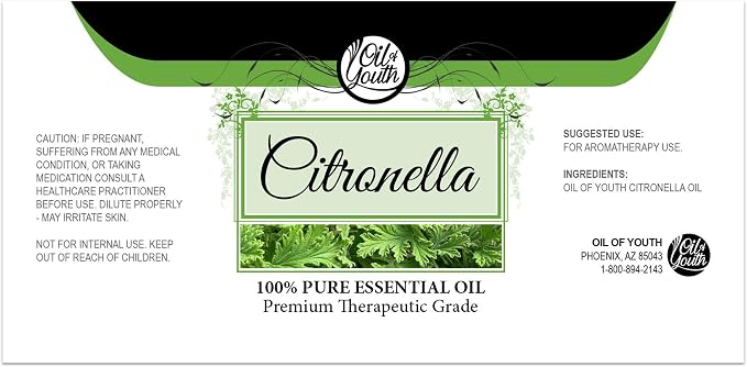 Oil of Youth Citronella Essential Oil 4 Fl Oz – Therapeutic Grade for Aromatherapy, Diffuser, Candle Making