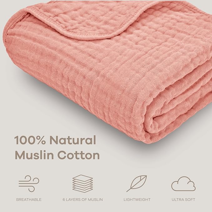 Comfy Cubs Muslin Baby Blanket 40" x 40" L - Swaddle Blankets, Bold Blush | Soft, Lightweight, 6-Layer Cotton Breathable Baby Blankets - Comfortable, Gentle & Versatile Cotton Baby Blankets for Sleep