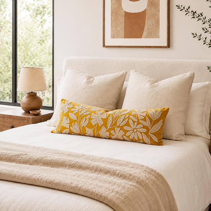 Long Lumbar Pillow Cover 14x36 for Bed, Mustard Floral Tufted Velvet Accent Oversize Throw Pillowcase for Bedroom, Cover Only