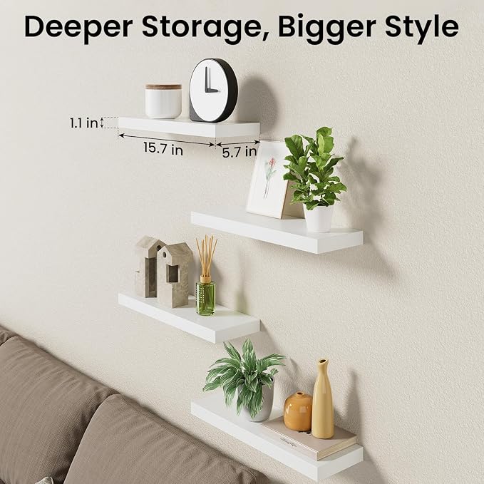 BAYKA White Floating Shelves 15.7in, Set of 4, Wall Mount Rustic Wood Shelf | Easy Install, 22lbs Max Load, Hidden Bracket, Hanging Shelf for Books/Storage/Room Decor, Multi-Wall Compatible