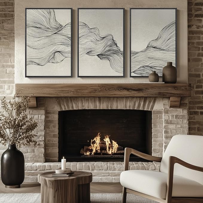 Large Framed Neutral Modern Abstract Wall Art, 3 Piece Black and Beige Canvas Prints Paintings Artwork for Walls, Minimalist Line Pictures for Living Room Hallway Office Wall Decor -Total 30x60 Inch