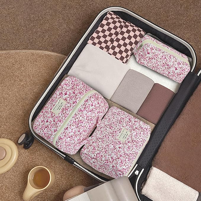 GISMTR 3Pcs Makeup Bag Cotton Quilted Travel Cosmetic Bag Cute Floral Makeup Pouch Large Toiletry Bag for Women Girls