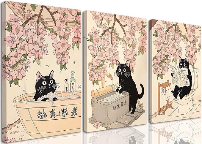 Funny Japanese Bathroom Wall Art Set of 3, Whimsical Black Cat Bathroom Wall Decor Painting Cute Japan Animal on Toilet Reading Poster Canvas Prints 12x16 inch Framed