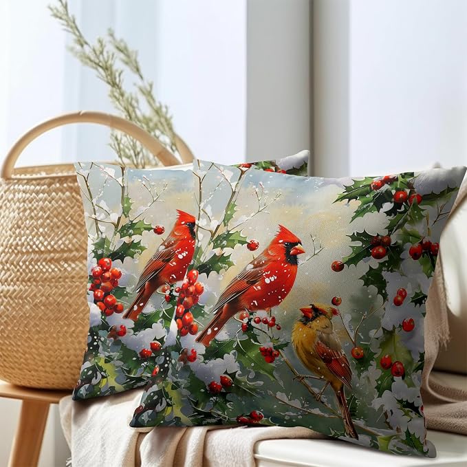 Kawani Winter Red Birds Pillow Covers 20x20 Inch, Christmas Holly Berries Pine Branch Throw Pillowcase Cotton Linen Square Cushion Case for Living Room Bedroom Couch Sofa Holiday Decor