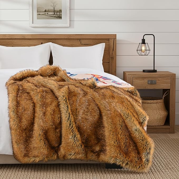 HORIMOTE HOME Reversible Faux Fur Throw Blanket, with Cheetah and Tropical Plants Printed Pattern, Decorative Fluffy Throw Blanket for Couch Bed Sofa, Birthday Gifts for Women, 50'' x 60''