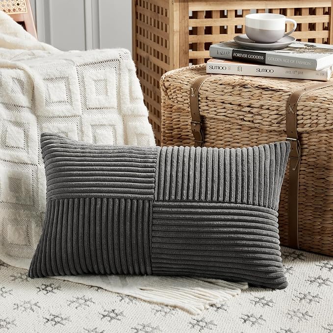 Fancy Homi Dark Gray Lumbar Decorative Throw Pillow Covers 20x28 Inch for Living Room Couch Bed Sofa, Farmhouse Home Decor, Soft Striped Corduroy Rectangle Accent Cushion Case 50x70 cm
