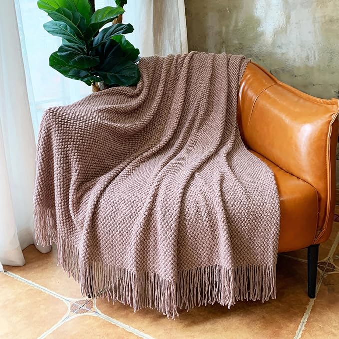 LOMAO Knitted Throw Blanket with Tassels Bubble Textured Lightweight Throws for Couch Cover Home Decor (Brownish Pink, 50x60)