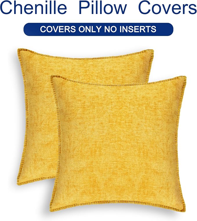 CaliTime Decorative Throw Pillow Covers 24 X 24 Inches Mustard Yellow | Pack of 2, Cozy Chenille Cushion Cases, Cotton Thread Stitching Edges, for Couch Sofa Bed Living Room Farmhouse