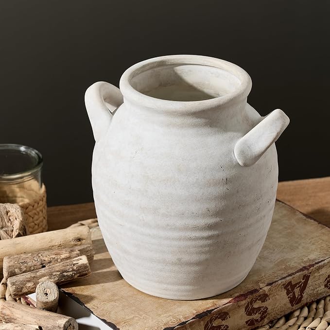 Vanselia Ceramic Flower Vase Home Decor - Farmhouse Table Vases with Handle Living Room Decoration Vintage Decorative Aesthetic for Shelf Coffee Dining Desk House Bookshelf Fireplace (7.1" Rustic)