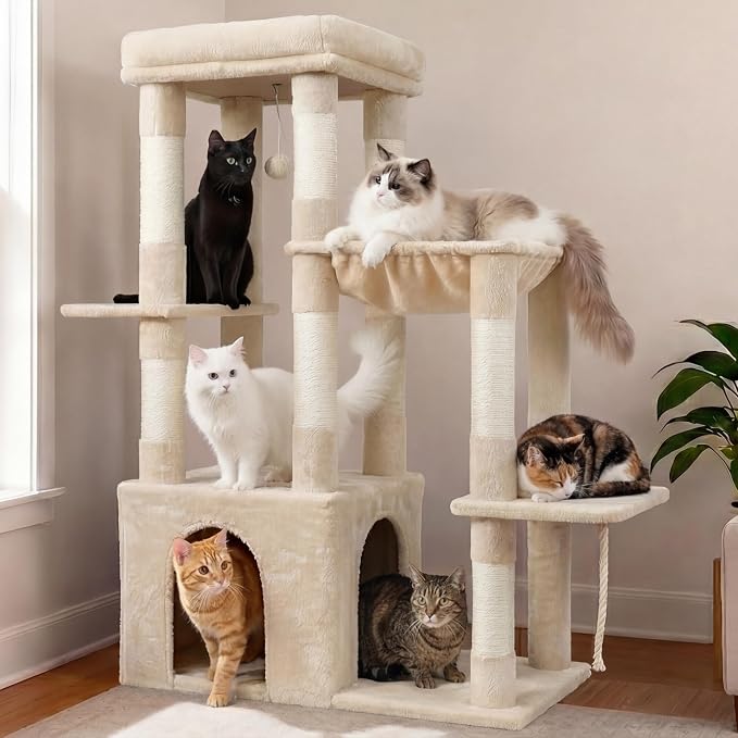 Heybly Heavy Duty Cat Tree with Large Base for Large Indoor Cats HCT026M | Cat Tower with Scratching Posts, Tall Cat Condo House , Multi-Level Plush Furniture with Hammock & Toy Balls, Beige
