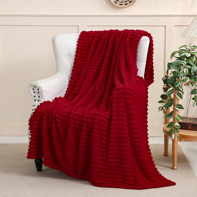 Red Fleece Throw Blanket 108”×90” for Couch Sofa Livingroom | Super Soft Cozy Plush Microfiber Flannel Bed Blanket Striped Design Lightweight Home Decor Gifts for Adults Mom Women