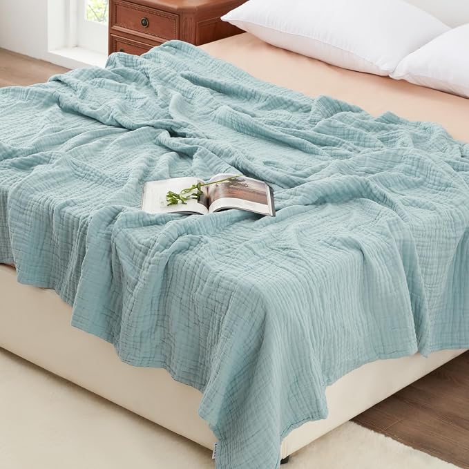 Love's cabin 100% Cotton Muslin Blanket, 6 Layer Lightweight Breathable Gauze Queen Size Blanket 90 x 90 Inches, Soft All Season Blanket for Bed, Cyan