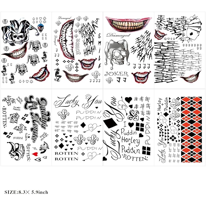 23 Sheets Halloween Joker Tattoos for Men Women Adults, Halloween Face Fake Temporary Tattoos, Halloween Snake Skull Bat Spider Scar Fake Tattoos Set for Halloween Cosplay Makeup Party Accessories