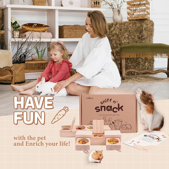 SoulThink® Interactive Wooden Pet Rabbit Toys - Sniff n' Snack Bunny Chew Toys for Rabbit Treats, Suited as Guinea Pig, Hamster for Boredom, Bunny Toys for Rabbits Keep Busy (2 Sets)