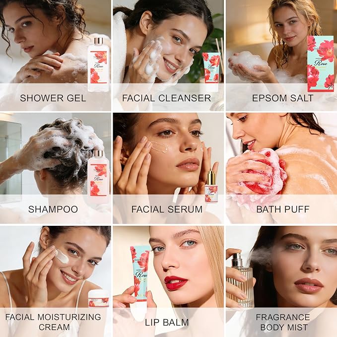 35Pcs Spa Kit Gift for Women, Sandalwood Red Rose Bath and Body Basket Gift | Face Skin Care Kit, Home Spa Self Care, Lip Gloss, Birthday, Christmas, Mother, Bridal Shower, Anniversary for Mom Pamper Kit