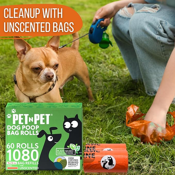 Pet N Pet Poop Bags for Dogs, 1080 Count, Plant Based, Unscented, Orange | 41%, 59% PE, Extra Thick, 9 x 13, Waste, Leak-Proof, Tear-Resistant, Easy-Tear Design, Durable, Reliable, dog waste bags