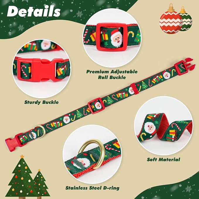 azuza Christmas Dog Collar Santa Print Xmas Pet Collar with Removable Red and Green Bowtie, Adjustable Dog Collar Accessories for Puppy and Small Dogs