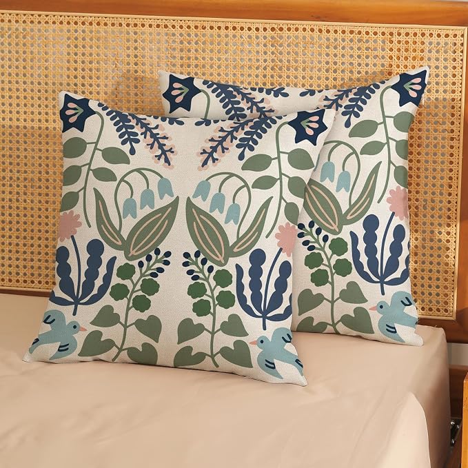 Boho Navy Blue Green Flower Pillow Covers 16x16 Inch Set of 2 Sage Green Floral Throw Pillows Vintage Flower Outdoor Pillowcase Linen Seasonal Decorations Farmhouse Cushion Case for Sofa Home