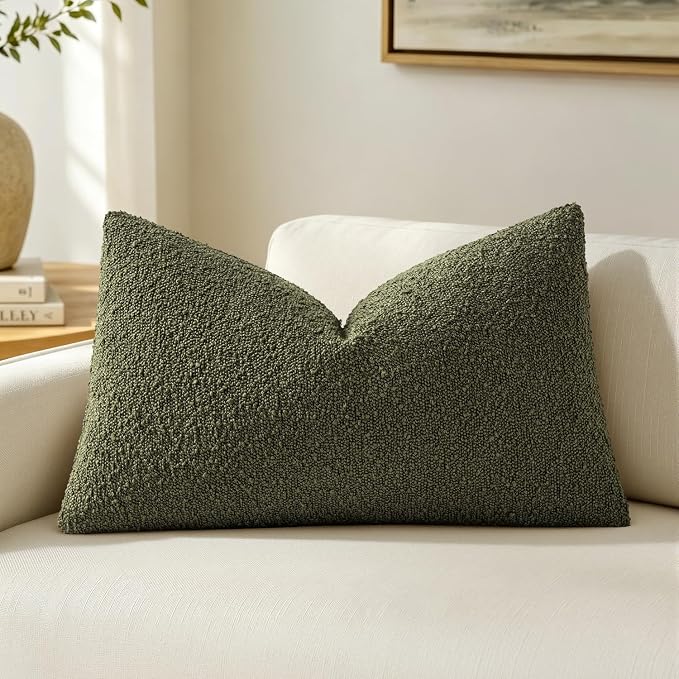 MIULEE Textured Boucle Lumbar Pillow Cover for Bed 12x20 Olive Green | Pack of 1 Textured Neutral Couch Throw Pillow Cover, Accent Solid Pillowcase, Sofa Living Room Home Decor