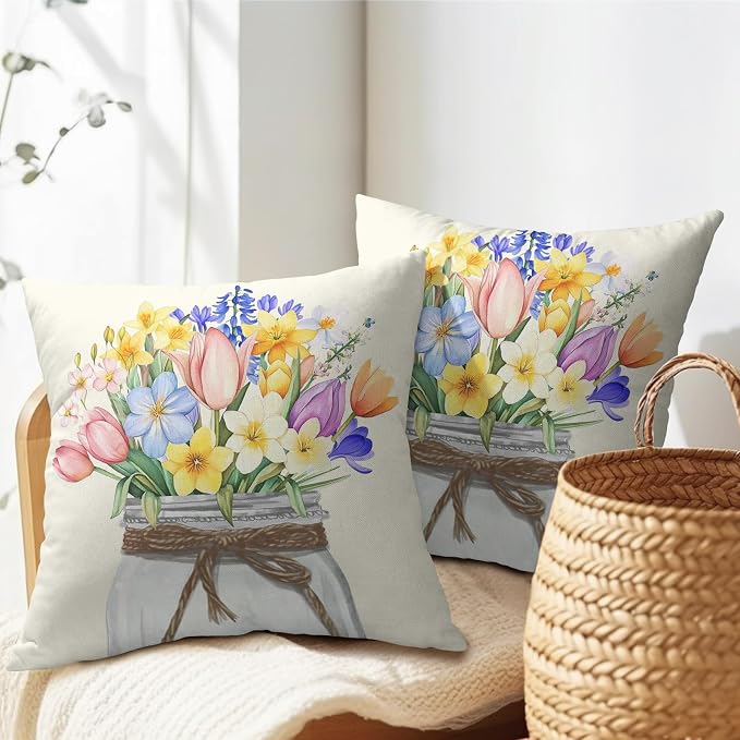 Kawani Spring Floral Throw Pillow Covers 20x20 Inch, 2 Pcs Watercolor Tulip Lavender Flower Mason Jar Double Side Square Pillowcases Cotton Linen Cushion Cover for Couch Sofa Home Decor