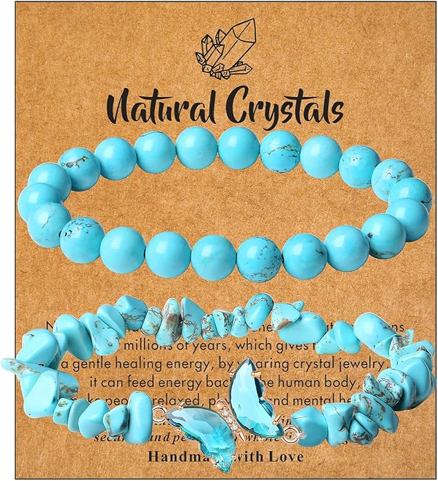 DUQGUHO 2Pcs Butterfly Bracelets for Women Healing Crystals Bracelets for Women Natural Gemstone Bead Bracelet Cute Butterfly Charm Bracelet Stretch 8mm Crystal Jewelry Gifts for Women