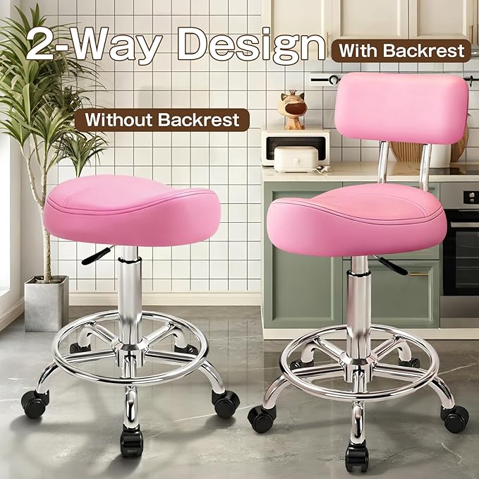 Saddle Stool with Back and Ring Pedal, Adjustable Hydraulic Rolling Chair with Wheels for Salon, Spa, Medical, Massage & Drafting Use Pink