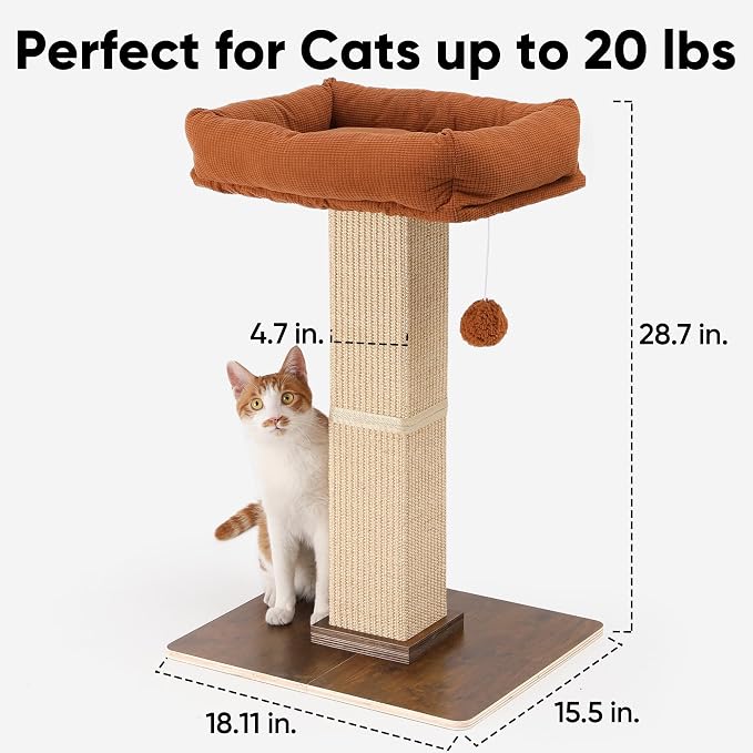 FUKUMARU Retro-Style Cat Scratching Post with Perch for Indoor Adult Cats | 28.7" Elevated Tall Cat Bed, Solid Wood Large Cat Scratcher Tower with Bed, Aesthetic Cat Tree Furniture with Natural Sisal