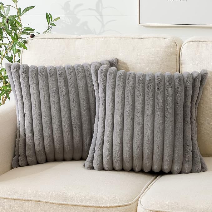 Soleebee Set of 2 Throw Pillow Covers Soft Cozy Velvet Pillowcase Faux Rabbit Fur Cover for Couch Sofa Bed Chair Home Decorative Pillows Cover (18x18 Inch, Smoky Gray)