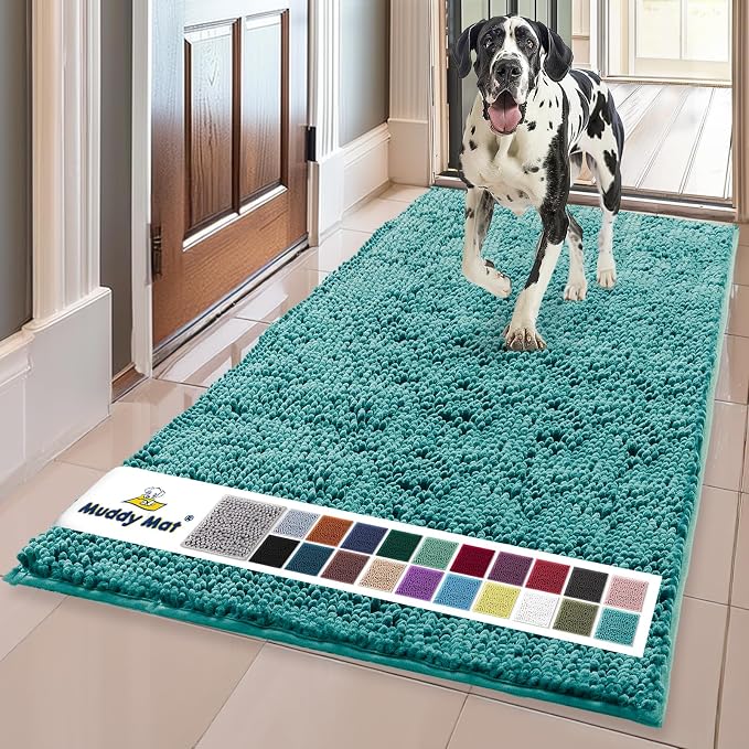 Muddy Mat® | Super Water Absorbent Door Mat Indoor, Microfiber Quick Dry Chenille Entryway Rug, Slip Resistant Front Door Mat, Indoor Mats for Entryway, Machine Washable Pet Rug, Teal 36"x60"