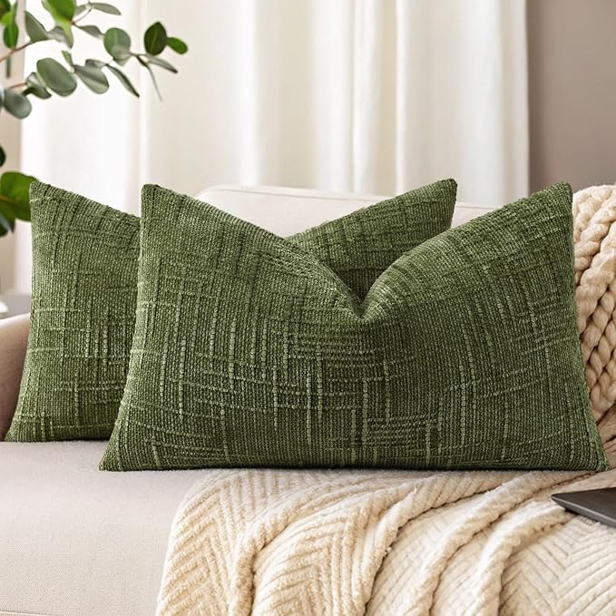decorUhome Textured Chenille Throw Pillow Covers 12x20 Set of 2 Olive Green | Fall Modern Farmhouse Soft Cozy Slubby Couch Pillow Cases Boho Decorative Pillow Cases for Bed Sofa Living Room Home Decor