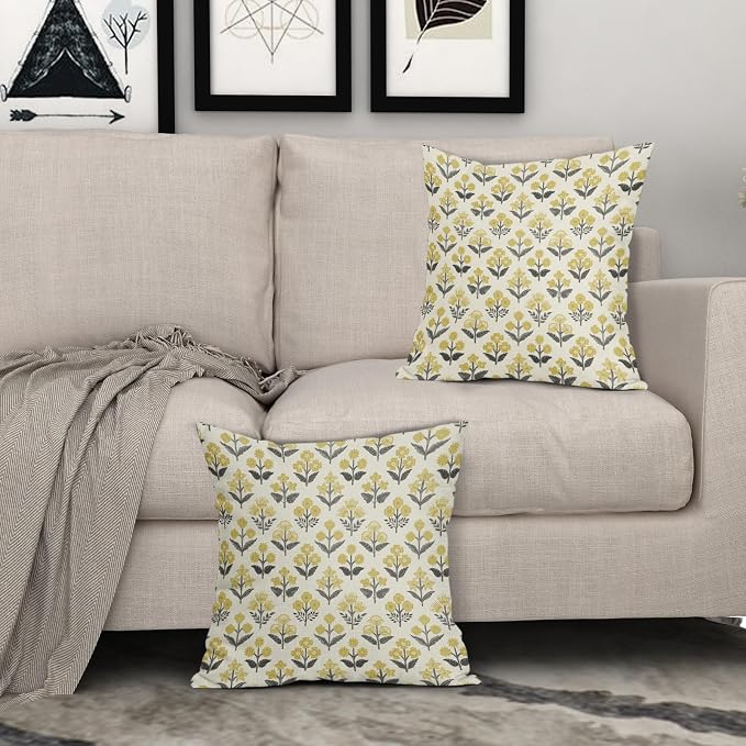 Black Yellow Floral Pillow Covers 16x16 Inch Set of 2, Vintage Flower Block Print Spring Summer Decorative Throw Pillowcases Outdoor Rustic Farmhouse Cushion Covers Seasonal Sofa Couch Bed Decor