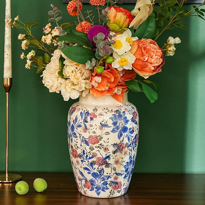 Sungmor Ceramic Flower Vase, Vintage Blue Ice Cracked Glaze Porcelain Vase | Pretty Home Decor Vase for Flower Arrangement, Fresh Flowers, 10.2 Inch Tall Chinoiserie Pottery Vase, Green Floral Pattern