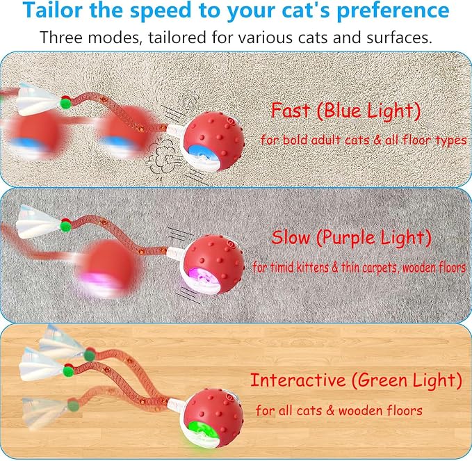 2PCS Interactive Cat Toys for Indoor Cats with 6 Tails, Automatic Cat Toy | Fast Rolling on Carpet/ Wooden Floor/ Tiles, Rechargeable Kitten Toys, for Small/ Medium/ Large Cats to Enrichment Exercise
