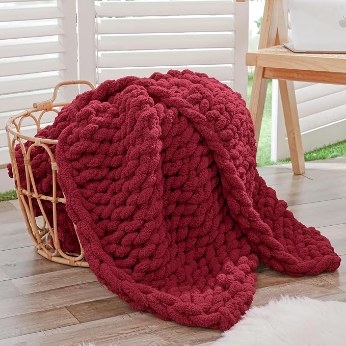 Bigacogo Chunky Knit Throw Blanket for Couch, 40x60 inches, Red | Hand Knit with Jumbo Chenille, Soft Breathable Cable Knit for Sofa Bed Living Room, Machine Washable, Gift for Mom Friend