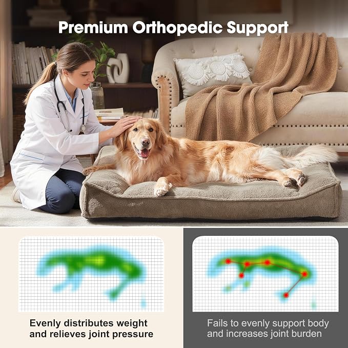 FURTIME XXL Orthopedic Dog Beds Large Sized Dog, Extra Thick Dog Couch 48" | Supportive Pet Sofa, Ergonomic Slant Dog Beds with Removable Washable Cover, Ultra Soft Surface & Non-Slip Bottom, Brown
