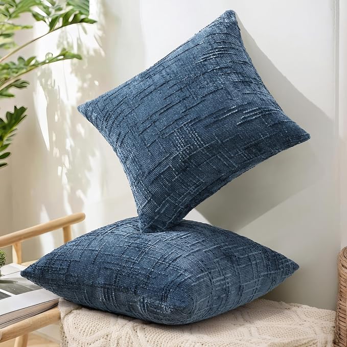 decorUhome Textured Chenille Throw Pillow Covers 24x24 Set of 2 Navy Blue | Fall Modern Farmhouse Soft Cozy Slubby Couch Pillow Cases Boho Decorative Pillow Cases for Bed Sofa Living Room Home Decor