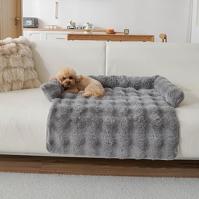 Calming Dog Bed for Couch, 29.5 x 29.5 inch, Non-Slip Rabbit-Velvet Dog Sofa Mat for Furniture Protector, Perfect for Small, Medium Dogs and Cats (Dark Gray, Medium)