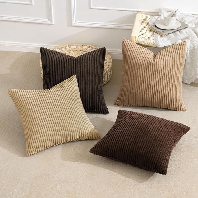 MIULEE Fall Corduroy Decorative Throw Pillow Covers Dark Brown 18x18 | Set of 4, Mordern Rustic Fall Decor, Rich Deep Brown Palette, Boho Farmhouse Cushion Covers for Couch Bed Sofa Living Room